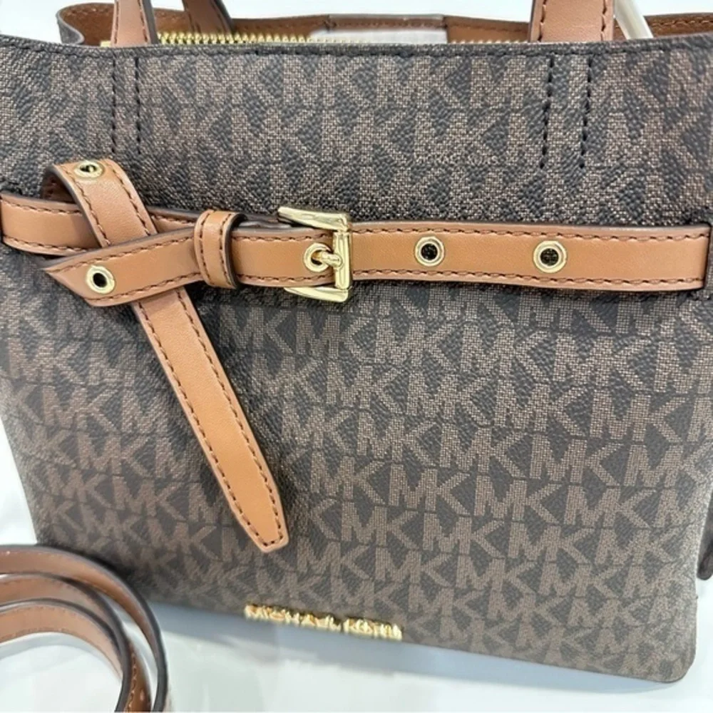 Michael Kors Emilia Small Logo Printed Canvas Satchel Bag in Brown